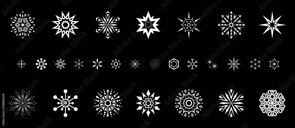 Snowflakes icon collection. Graphic modern black and white ornament. Snowflakes icon collection. Graphic modern black and white ornament.