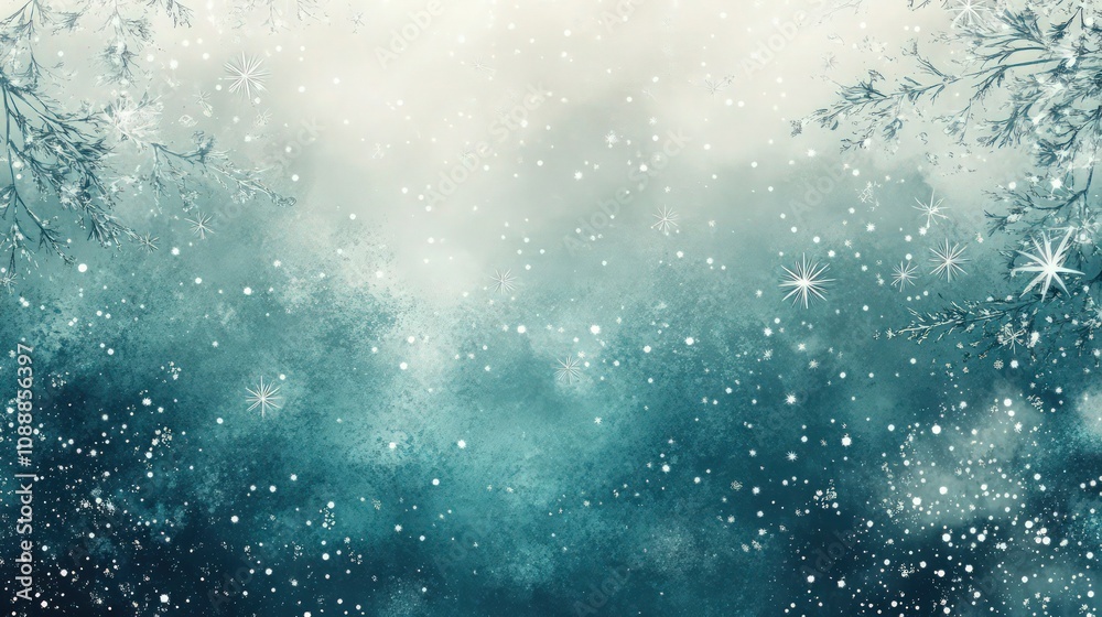 Fototapeta premium Sparkling teal and white winter snow background features delicate frozen branches creating a magical atmosphere for holiday marketing materials.