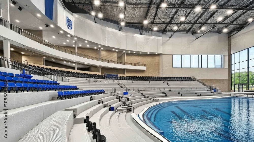 Fototapeta premium Olympic sized indoor swimming pool. Interior swimming pool, stadium, college, event. Brightly lit, fresh water. 