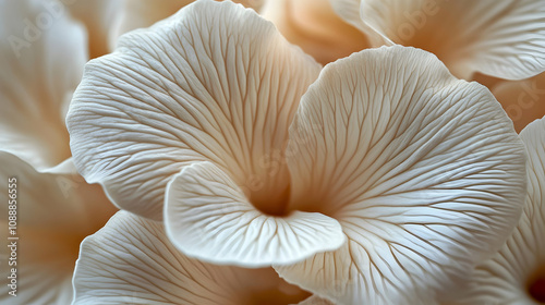 Close-up of Delicate Mushroom Gills, Forming Abstract Pattern, Soft Cream Hues, Detailed Texture, Natural Beauty