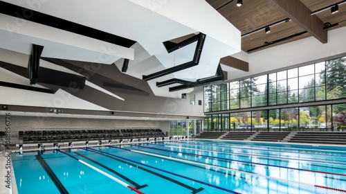 Olympic sized indoor swimming pool. Interior swimming pool, stadium, college, event. Brightly lit, fresh water.	 photo