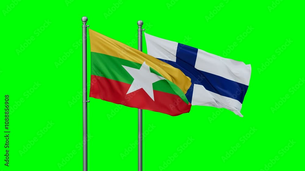 Finland and Myanmar flags flying together, video concept of the relationship with colored chroma key for easy background remove Finland and Myanmar flags flying together, video concept of the relationship with colored chroma key for easy background remove