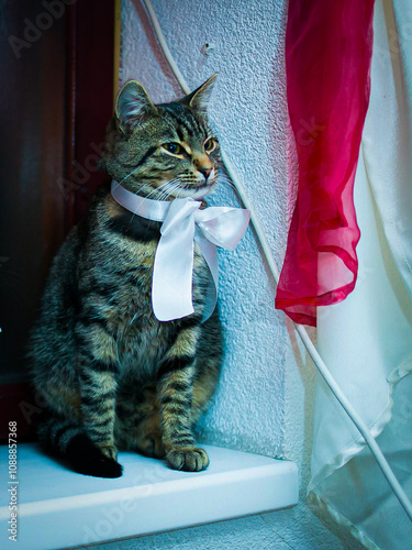 A cat with a bow sits on a stool with a white ribbon around its neck. photo