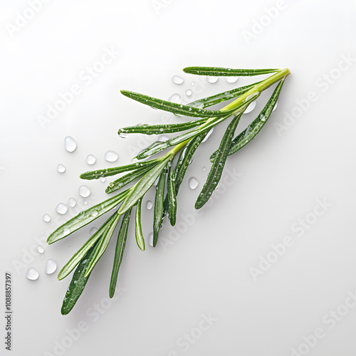 Close-up shot of a fresh rosemary sprig covered in oil droplets, on a clean white background
