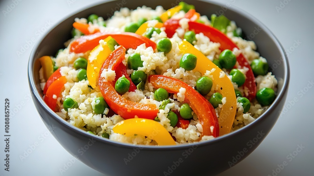 Vibrant cauliflower rice stir-fry with colorful bell peppers kitchen food bright lighting healthy eating concept Vibrant cauliflower rice stir-fry with colorful bell peppers kitchen food bright lighting healthy eating concept