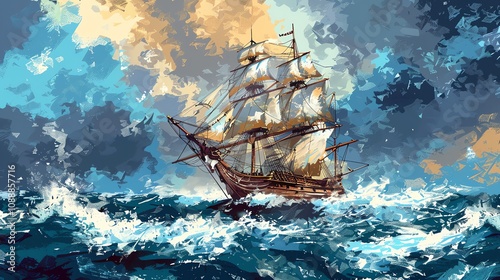 A painting of a ship sailing on a choppy sea.