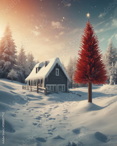 Christmas card design. New year festive mock up with lights and decor. Christmas tree and snow