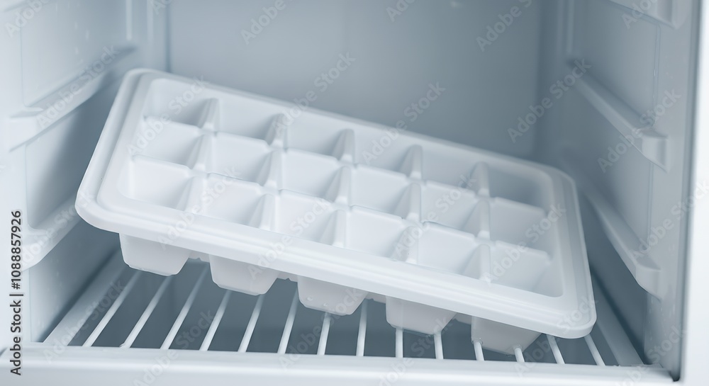 A blank ice cube tray packaging mock-up, lying in a freezer setting 3d illustration template image. A blank ice cube tray packaging mock-up, lying in a freezer setting 3d illustration template image.