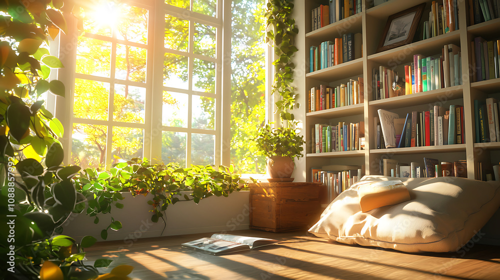cozy reading corner with bookshelf, sunlight streaming through windows, and plants creating serene atmosphere. Perfect for relaxation and enjoying books cozy reading corner with bookshelf, sunlight streaming through windows, and plants creating serene atmosphere. Perfect for relaxation and enjoying books