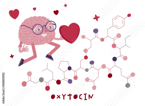 Oxytocin character in funny cartoon style. Happy hormone molecule.