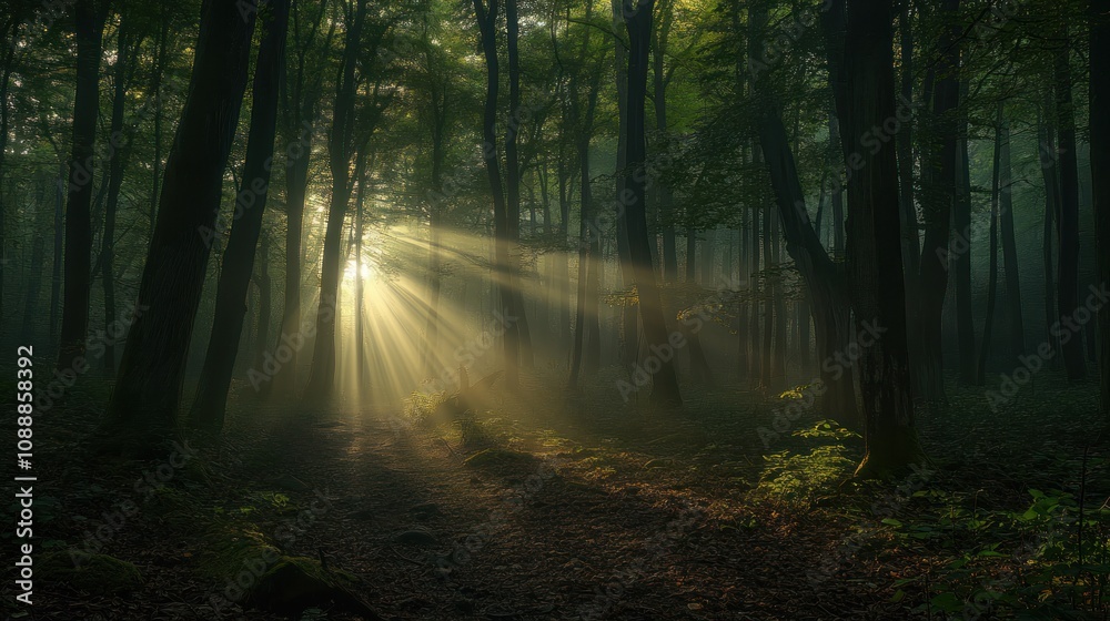 Sunbeams Illuminate Misty Forest Path Sunbeams Illuminate Misty Forest Path