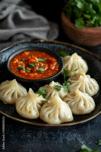 Georgian dumplings Khinkali with meat, greens and tomato spicy sauce Satsebeli on white plate photo