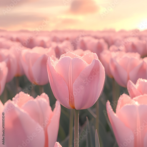 An expansive, serene field of tulips in soft pastel pink hues #1088858349