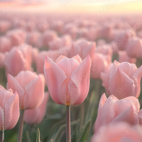 An expansive, serene field of tulips in soft pastel pink hues #1088858378