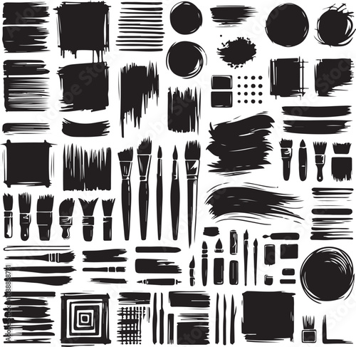  Big collection of black paint, ink brush strokes, brushes, lines, grungy. Dirty artistic design elements, boxes, frames