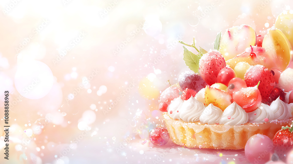 delightful fruit tart topped with fresh strawberries, cherries, and peaches, set against soft, dreamy background. Perfect for dessert lovers! delightful fruit tart topped with fresh strawberries, cherries, and peaches, set against soft, dreamy background. Perfect for dessert lovers!