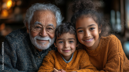 Grandfather joyfully embraces grandchildren in cozy indoor setting during golden hour. Generative AI