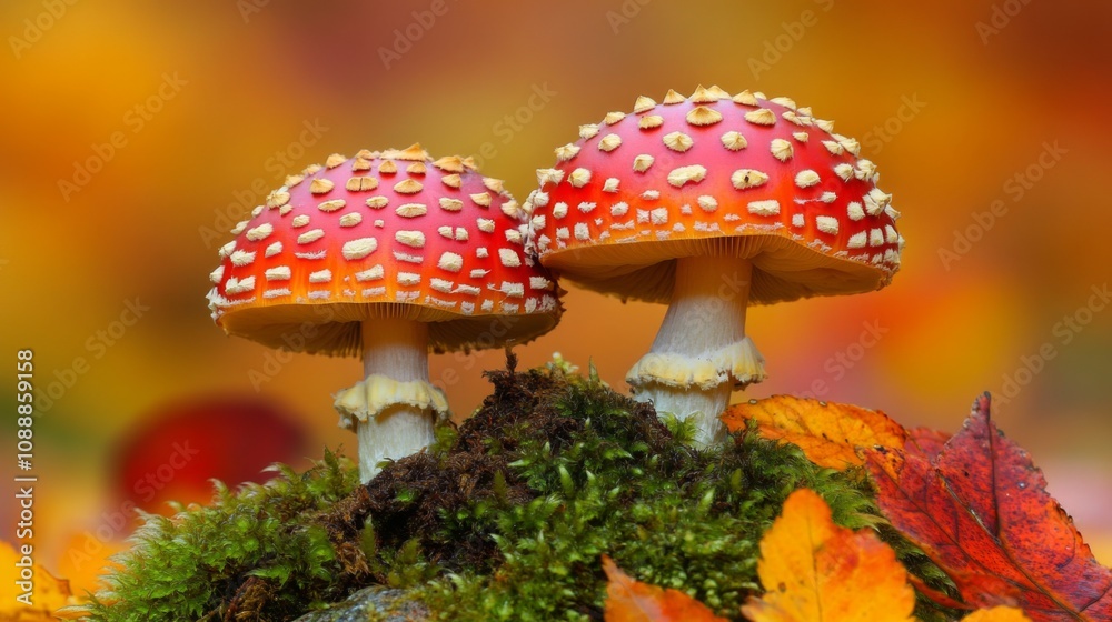 Two Red-and-White Spotted Mushrooms Growing on Moss with Fallen Leaves Two Red-and-White Spotted Mushrooms Growing on Moss with Fallen Leaves