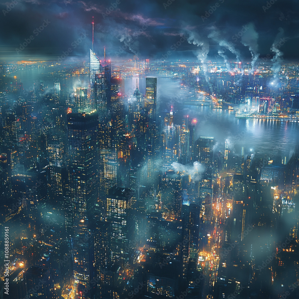 Futuristic cityscape under dark sky with skyscrapers and neon lights. Futuristic cityscape under dark sky with skyscrapers and neon lights.