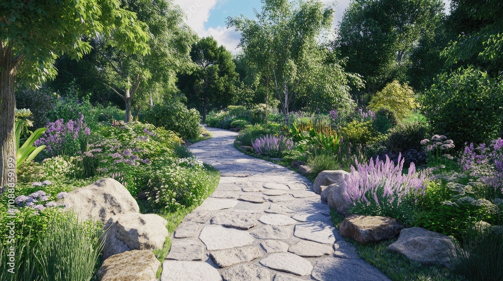 Obraz premium Serene Stone Pathway in a Lush Garden Landscape