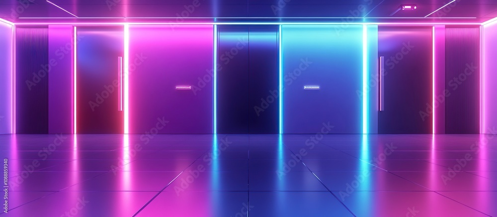 A futuristic hallway illuminated with vibrant neon lights in pink and blue tones. A futuristic hallway illuminated with vibrant neon lights in pink and blue tones.