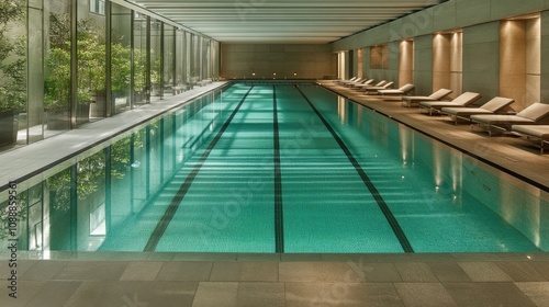 Luxury indoor swimming pool. Interior swimming pool, resort, hotel, home, event. Brightly lit, fresh water.	