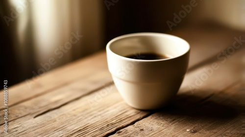 A white coffee cup sits on a wooden table