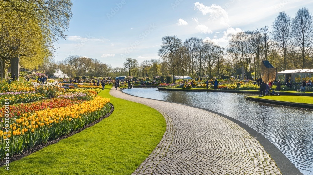 Obraz premium Winding Stone Path Through Scenic Flower Garden