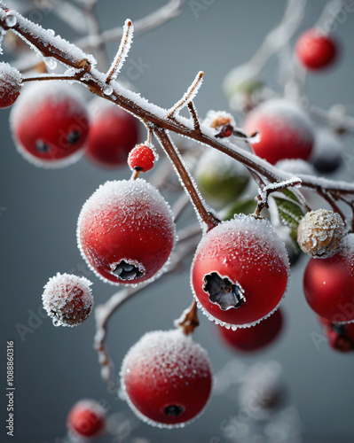 Frosty berries. Snow covered branches. Seasonal holiday background, close up shot. copy space