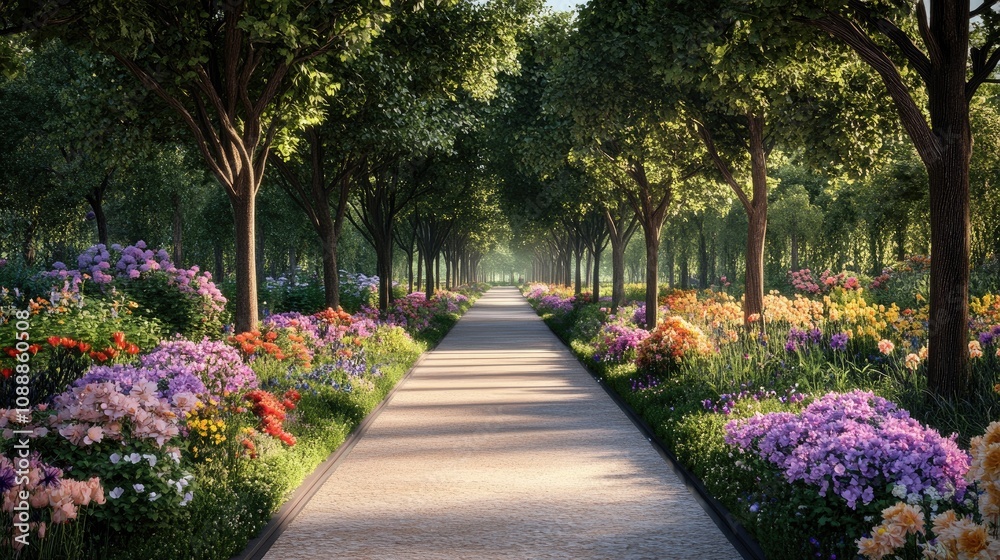 Fototapeta premium Serene Garden Pathway with Tall Lining Trees