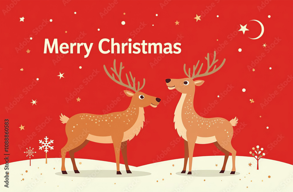 Fototapeta premium Merry Christmas Greeting Card winter reindeer, New Year postcard. AI-generated