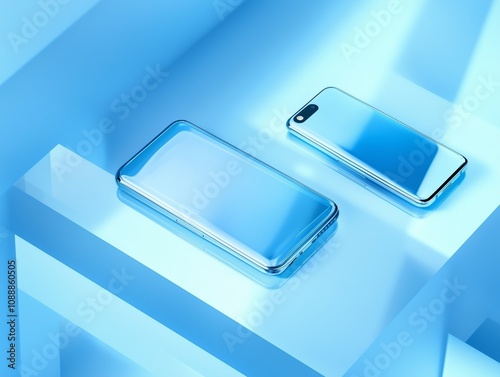 Two bluecolored phones are positioned on a bluecolored surface