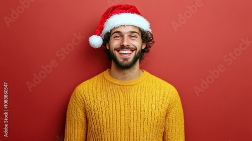 joyful handsome white caucasian man in santa claus hat isolated on bright red background, copy space. man in new year christmas hat