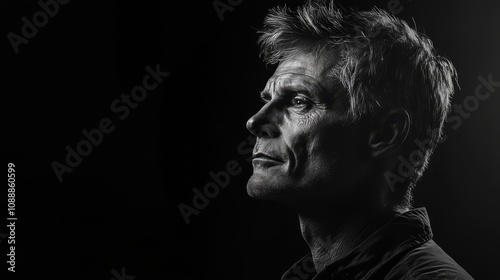 Black and white portrait of a pensive middle-aged man.