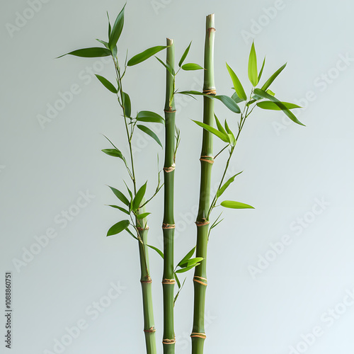 3 bamboo stems with some leaves, plain background