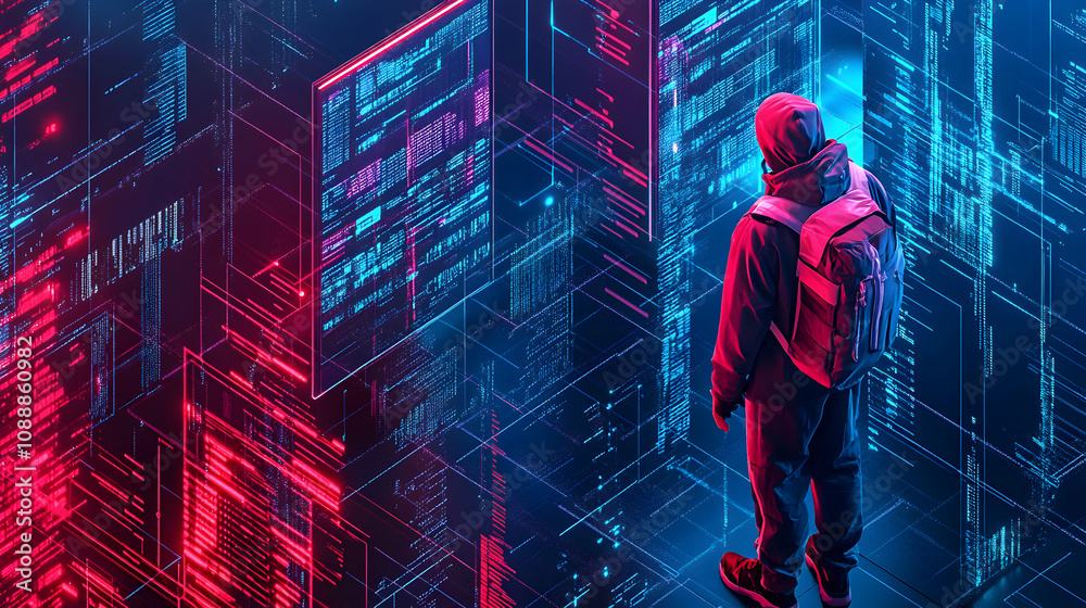 Fototapeta premium Cyberpunk 3D illustration: Hacker explores a digital code landscape, surrounded by glowing screens displaying complex algorithms, in a futuristic setting.