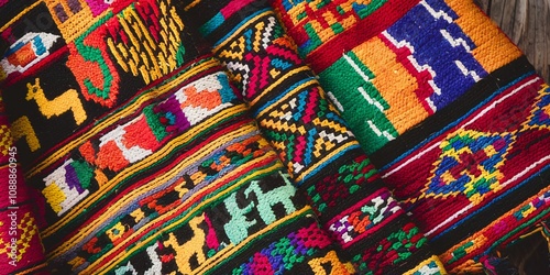 A detailed close-up of traditional Andean textiles showcasing intricate geometric patterns in vivid reds, blues, and yellows, symbolizing South American heritage.