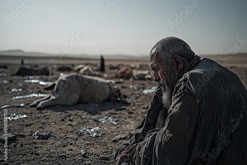 The fifth plague of Egypt: a mourning priest in a barren pasture with dead cattle under a scorching sun
