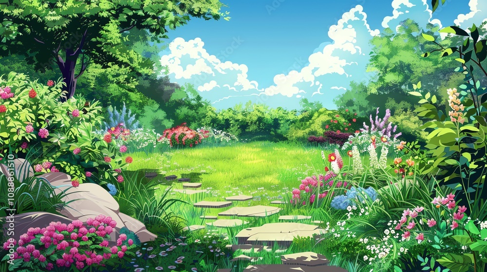 Obraz premium A whimsical cartoon illustration of a sunny garden path winding through colorful flowerbeds and lush green foliage.