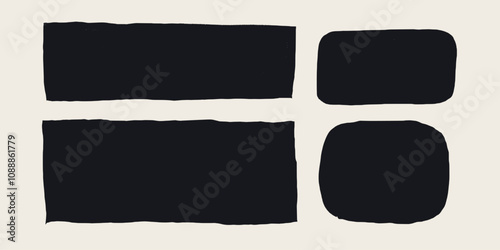 Rectangle shape set with rough torn edges. Grunge style black square frame with ripped border. Black vector collage torn paper piece or vintage paint stain silhouette isolated on light background.
