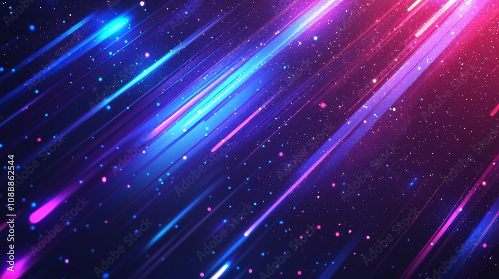 Naklejka premium Abstract background with vibrant diagonal streaks of light and glowing particles in pink, blue, and purple hues.