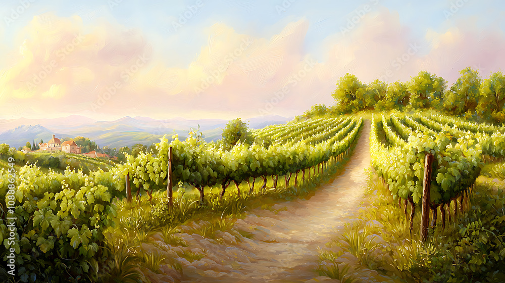 Naklejka premium picturesque vineyard landscape with lush green rows, winding path, and serene sky. scene evokes tranquility and natural beauty, perfect for wine lovers