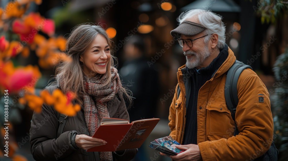 Joyful conversation between a woman and an elderly man in a vibrant market during autumn afternoon light. Generative AI