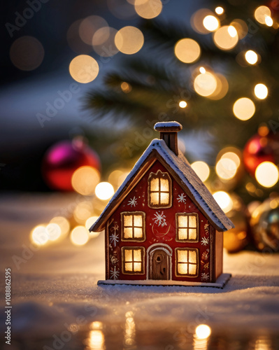 Christmas card design. New year festive mock up with lights and decor. Christmas tree and snow