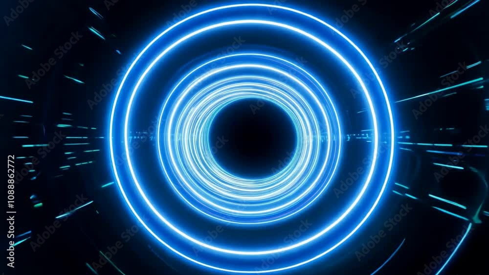 Vibrant abstract blue light circles form mesmerizing tunnel effect, creating sense of depth and motion that radiates energy and intrigue in futuristic themes.