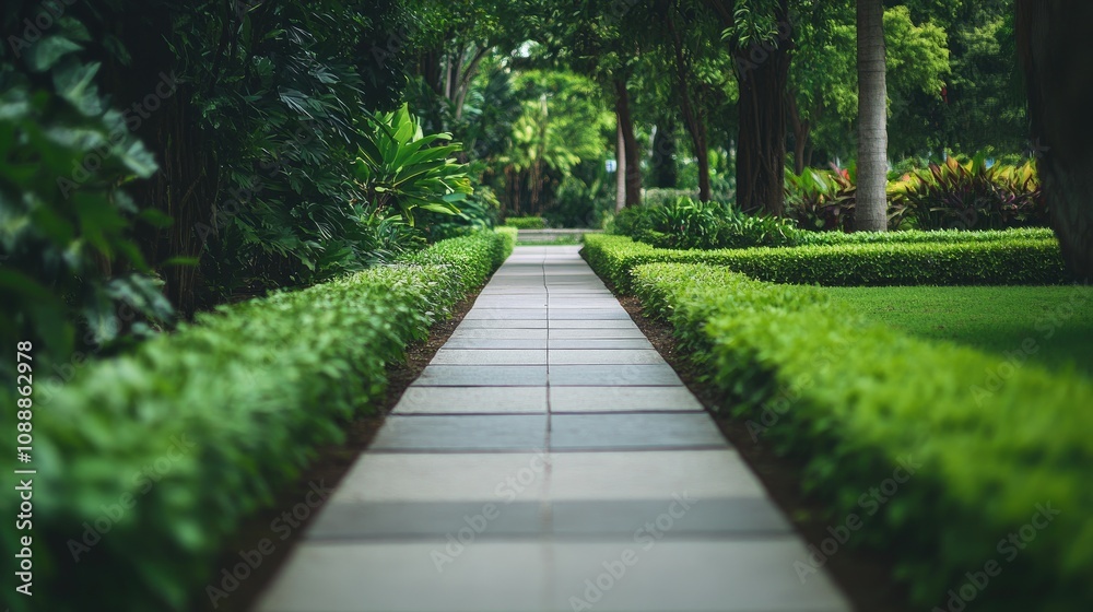 Well-Maintained Pedestrian Pathway in Lush Greenery Well-Maintained Pedestrian Pathway in Lush Greenery