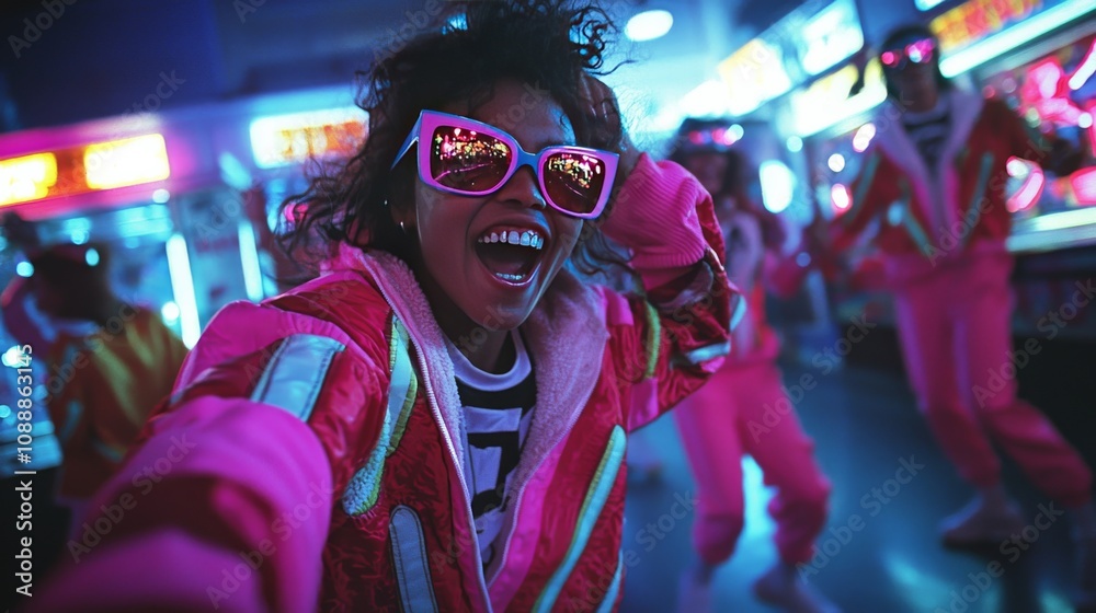 Candid photograph of friends in the 1980s wearing neon tracksuits and oversized sunglasses, dancing in a neon-lit arcade Candid photograph of friends in the 1980s wearing neon tracksuits and oversized sunglasses, dancing in a neon-lit arcade