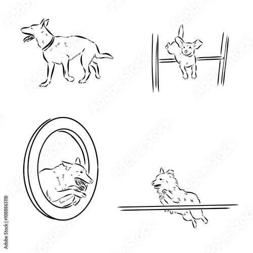 Scenes of dog training with cartoon characters of man and his pet learning various commands