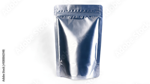 PNG silver standup pouch with zip lock ready for product marketing, Transparent background photo