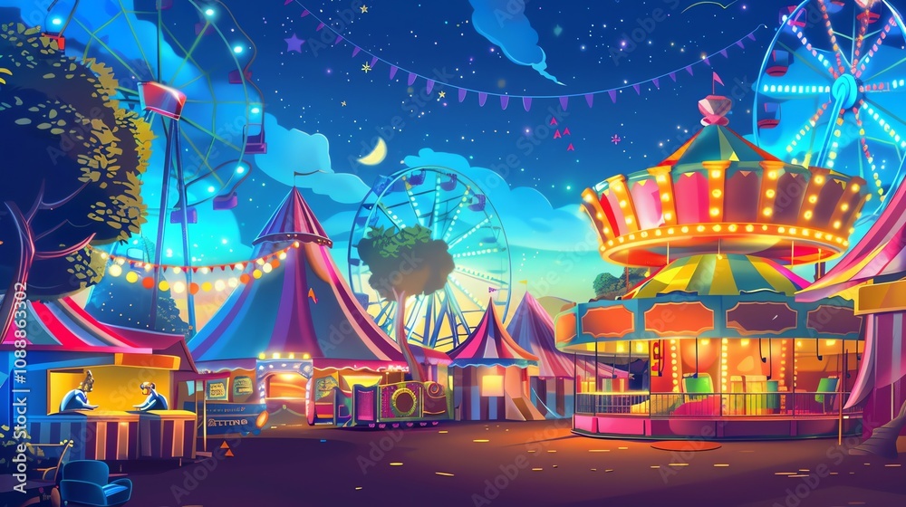 A colorful, whimsical illustration of a night-time carnival. A colorful, whimsical illustration of a night-time carnival.